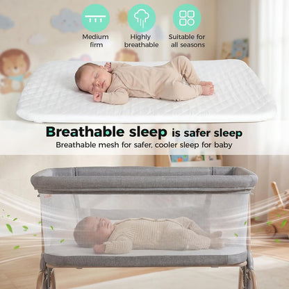 Cowiewie Bassinet Bedside Sleeper, Breathable Baby Bedside Bassinet and Mattress, Lightweight and Portable for Bedside Sleeping, Light Grey