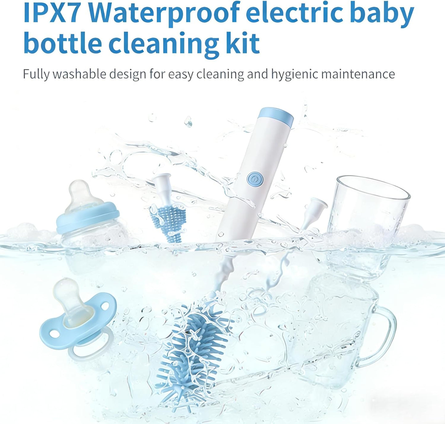 Portable Electric Silicone Bottle Brush Set, 7-in-1 UV LIGHT USB Charging, Nipple/Straw Cleaner, Milk Mixer, Built-in Drying Rack & Storage Case, BPA-Free, IPX7, On-the-Go for New Parents (Blush)