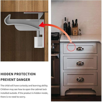 10 Pack Upgraded Invisible Baby Proofing Cabinet Latch Locks – No Drilling or Tools Required, Strong Adhesive, Works with Countertop Overhangs, Secure Child Safety Locks for Cabinets & Drawers