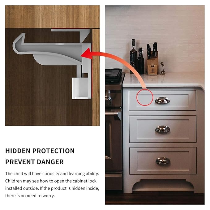 2 Pack Upgraded Invisible Baby Proofing Cabinet Latch Locks – No Drilling or Tools Required, Strong Adhesive, Works with Countertop Overhangs, Secure Child Safety Locks for Cabinets & Drawers