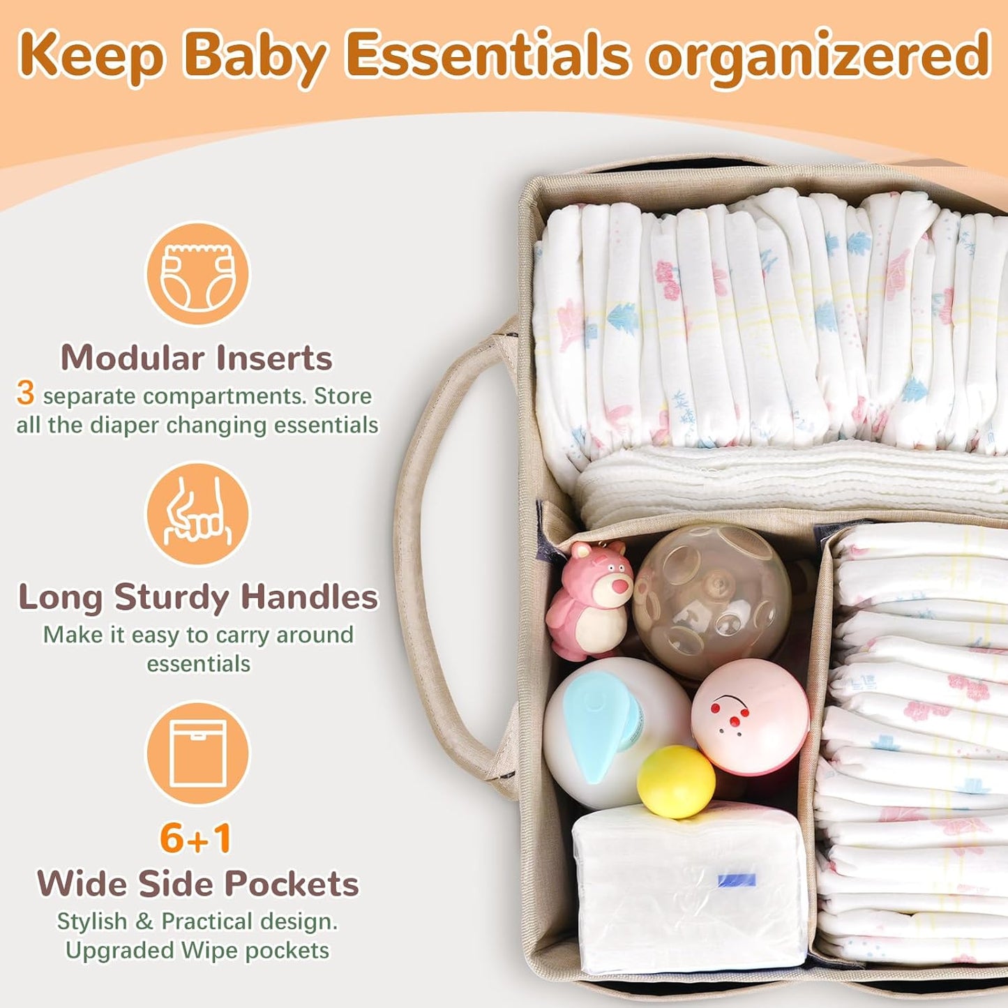 Volnamal Diaper Caddy with Wipe Dispenser One-Handed Access, Premium Diaper Organizer, Portable Car Organizer Nursery Basket for Newborn Essentials, Baby Registry Must Haves for Boys & Girls,Grey