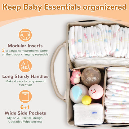 Volnamal Diaper Caddy with Wipe Dispenser One-Handed Access, Premium Diaper Organizer, Portable Car Organizer Nursery Basket for Newborn Essentials, Baby Registry Must Haves for Boys & Girls,Grey