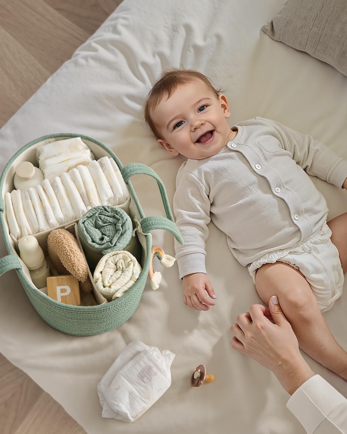 Blissful Diary Baby Diaper Caddy Organizer, Cotton Rope Diaper Caddy Basket, Large Storage Basket for Newborn Boys and Girls, Gift for Baby Shower List, Newborn Essentials, Earthy Rainbow