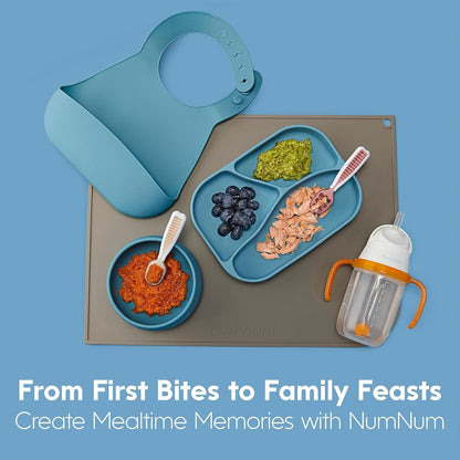 NumNum Baby Spoons Set, Baby Essentials Pre-Spoon GOOtensils for 6+ Months, First Stage Self-Feeding Spoons for Baby Led Weaning (BLW), Silicone Toddler Utensils, BPA-Free, 2 Pack Gray/Green