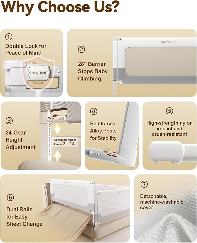 2 Piece Bed Rails for Queen Bed, No-Drill Needed Baby Bed Rail Guard for Toddlers with Height Adjustable, Thickened Child Safety Side Railing Guards/Bedrail for Kids, White/Grey, 60x78.7Inches