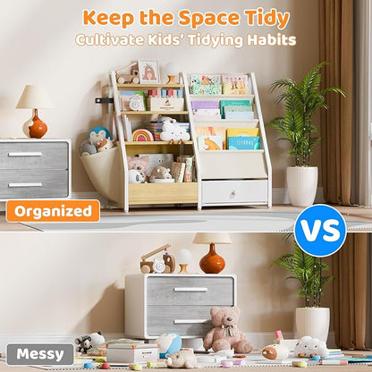 HAVLOTII Kids Bookshelf and Toy Storage - Book Shelf for Kids Rooms, Toddler Bookshelf Baby Bookcase for Nursery, Montessori Toy Organizer, Burlywood