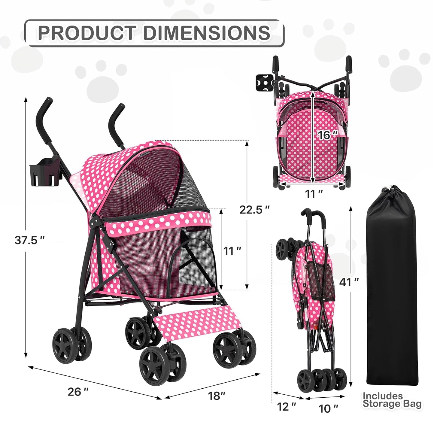 MoNiBloom 4 Wheels Pet Stroller, Easy-Fold Puppy Cage Jogger Stroller with Sun Cover, Pad and Rear Storage Bag, Breathable and Visible Mesh for Small/Medium Pets up to 22 lbs, Black