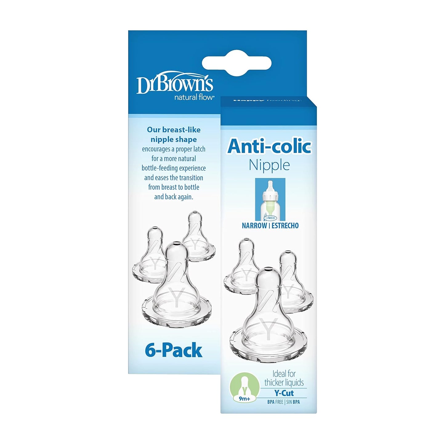Dr. Brown's Natural Flow Level 1 Narrow Baby Bottle Silicone Nipple, Slow Flow, 0m+, 100% Silicone Bottle Nipple, 6 Count (Pack of 1)