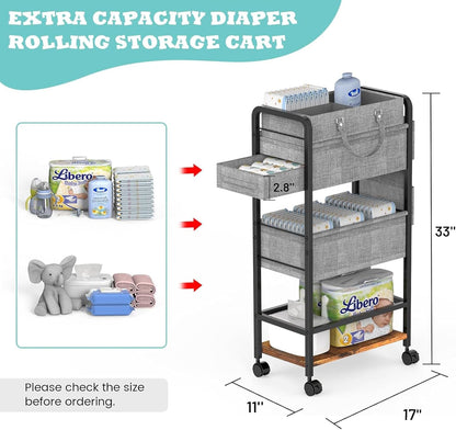 LIDTOP 2In1 Baby Diaper Caddy & 3-Tier Rolling Diaper Cart, Diaper Caddy Organizer Cart with Dividers, Mobile Metal Utility Cart for Nursery Essentials, Detachable Bedside Cart, Large Capacity