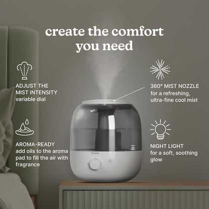 Homedics Ultrasonic Top Fill Humidifier, Cool Mist, 360° Nozzle, Up to 25 Hour Runtime, for Large Room, Bedroom, Nursery, Plants