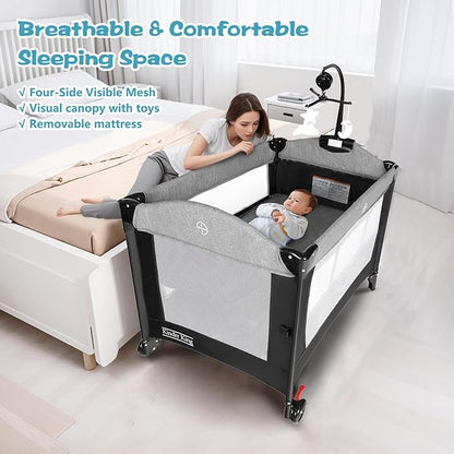 Kinder King 4 in 1 Portable Baby Playard, Foldable Baby Bedside Crib w/Bassinet, Infant Pack and Play Playard Toddler Large Playpen, Newborn Changing Table, Storage Basket, Grey