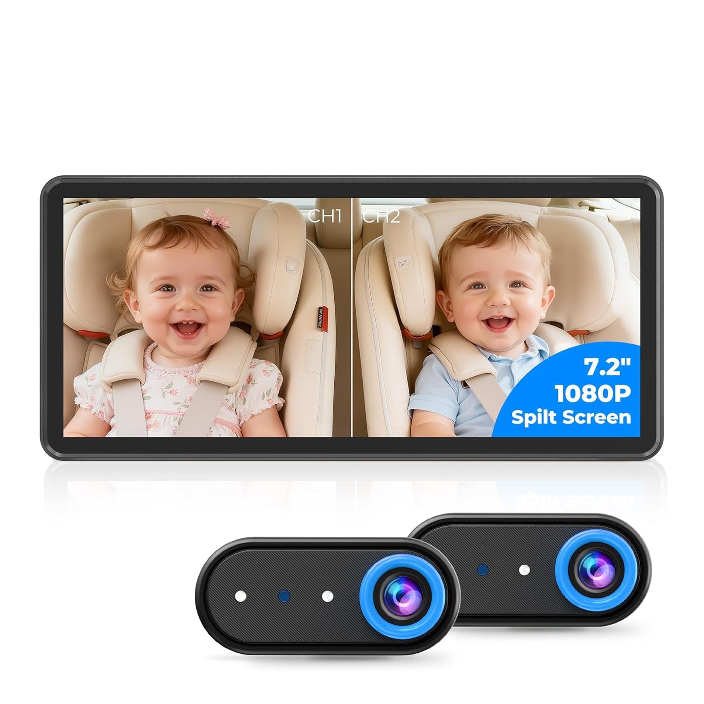 LUCKVIEW BM5PRO 7.2" Dual Camera Baby Monitor, 1080P HD Display for 2 Kids, Night Vision, Easy Install Car Baby Monitor, Ideal Gift, Rear Seat Safety for Babies & Pets