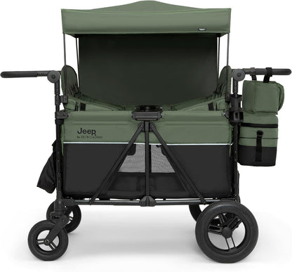 Jeep Wrangler Deluxe 4 Seater Stroller Wagon by Delta Children - Premium Quad Stroller Wagon for 4 Kids with Convertible Seats, Adjustable Push/Pull Handles, Removable Canopy & Flat Fold, Grey