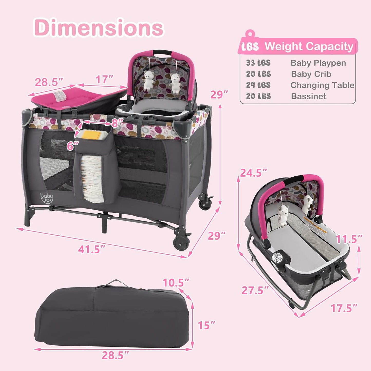 HONEY JOY Pack and Play, 5 in 1 Portable Infant Playpen with Bassinet & Changing Table, Storage Bag, Music Box, Toys, Carry Bag, Nursery Center, Baby Playard Pack n Play Crib for Boys Girls