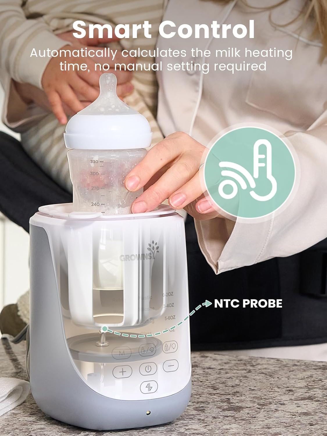 Grownsy Nutri Bottle Warmer with Innovative Auto-Lift Feature, 10-in-1 Fast Baby Bottle Warmer with Night Light, Retain Nutrients Milk Warmer for All Bottles