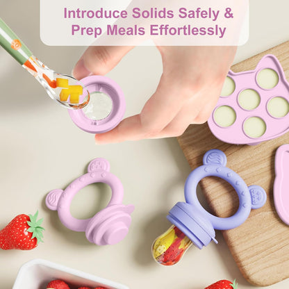 WAJIAYON Baby Breastmilk Popsicle Molds & Baby Fruit Feeder (4 Pack), Infant Food Freezer Tray Storage Containers, Silicone Teething Pacifier Feeder and Teether for Babies,Boys and Girls-Pink&Purple