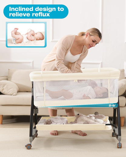 Bedside Bassinet for Baby, 3 in 1 Breathable Mesh Baby Bassinet, 6 Height Adjustable, Easy to Assemble, Bassinet Bedside Sleeper with Wheels, Mosquito Net, Storage Basket, Bassinets for Newborn Baby | Multi-functional