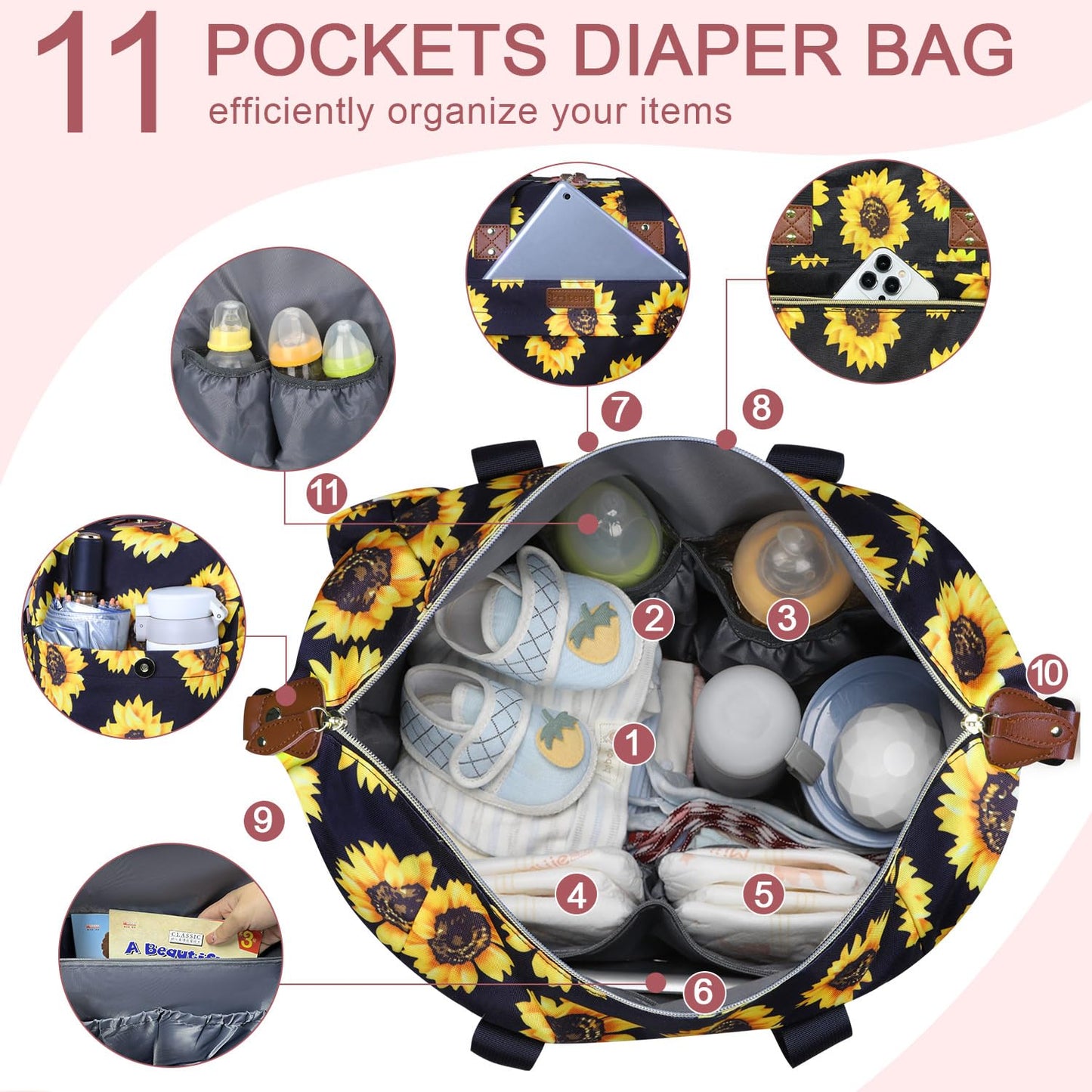 Pritent Diaper Bag Tote - Diaper Baby Bags with Pacifier Case, Shoulder Straps, Stroller Clips, Waterproof Large Mommy Maternity Travel Baby Bag for Mom and Dad, Green, Medium