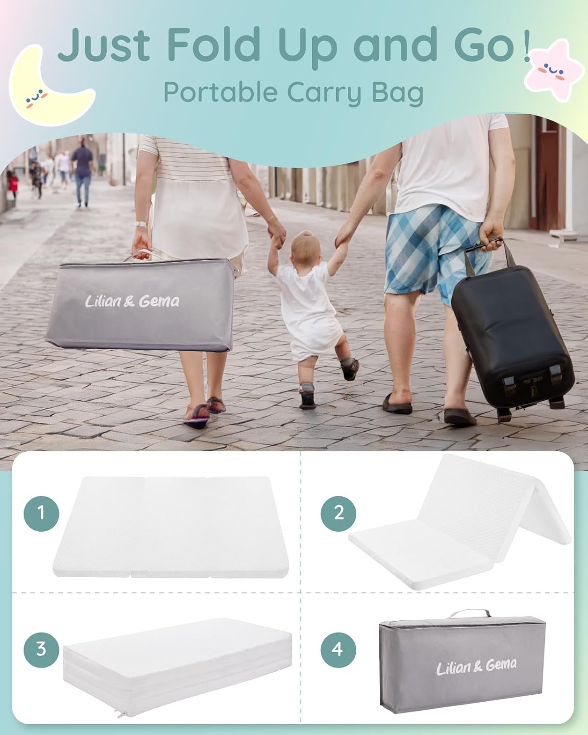 Lilian&Gema Pack and Play Mattress 38"x26"x1.5", Pack N Play Mattresses Pad for Play Pen and Playard, Premium Foam Playpen Mattress Topper with Washable Cover & Traveling Bag for Baby Toddler