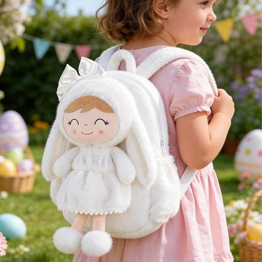 Gloveleya Toddler Backpack Plush Bag with White Bunny Detachable Design 11-inch Gift for Girl