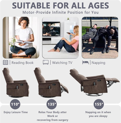 Massage Chair Recliner with Heat, Swivel Rocking Chair Recliner with High Back, Manual Nursery Recliners for Adults,Small Recliner Chair for Small Spaces, Living Room Bedroom, Fabric (Blue Green)