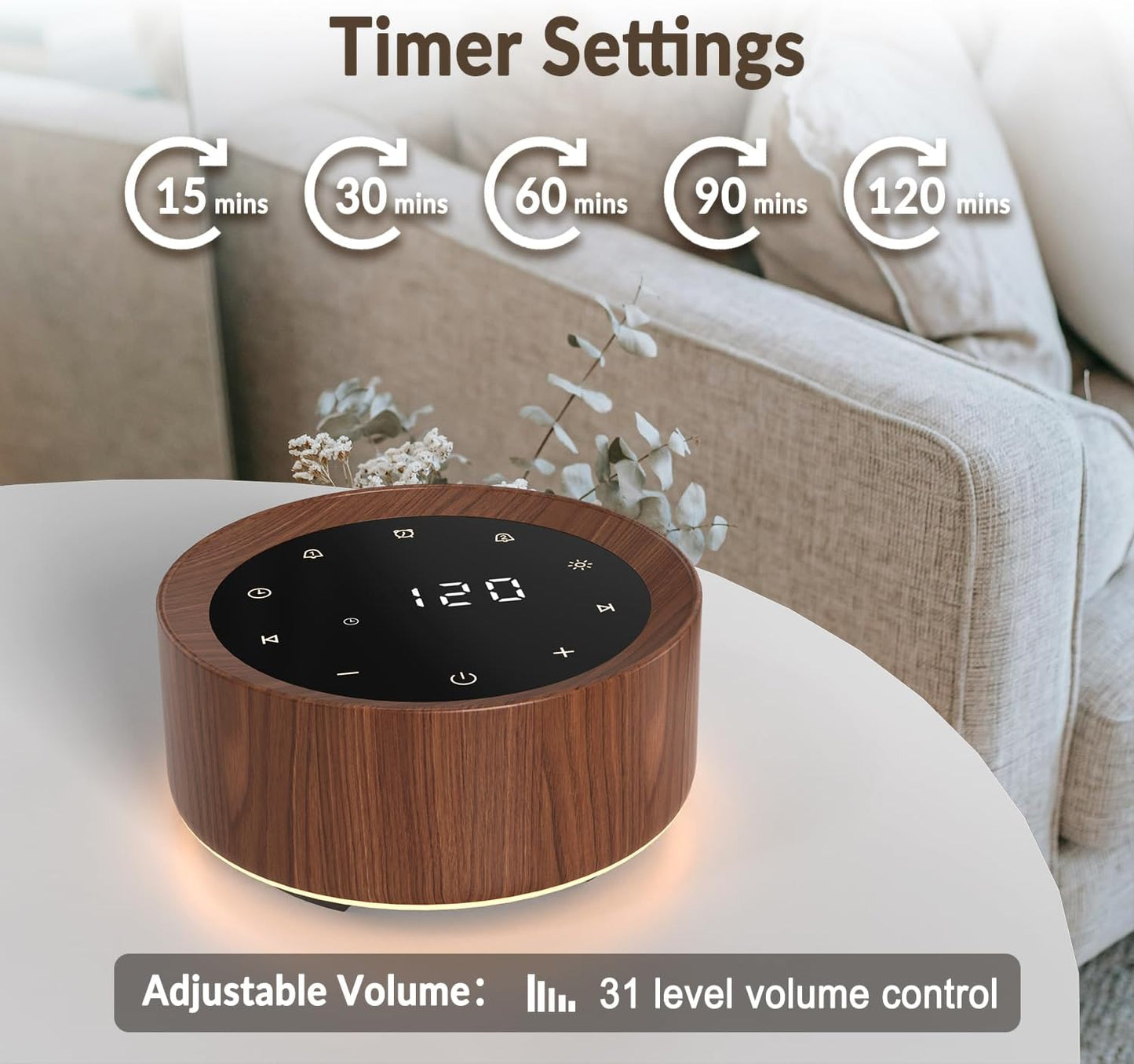 White Noise Machine with Alarm Clock & Night Light for Babies and Adults, 20 Soothing Sounds, Glare-Free Upward Display, Touch Control, Memory Function, 5 Sleep Timers, Black