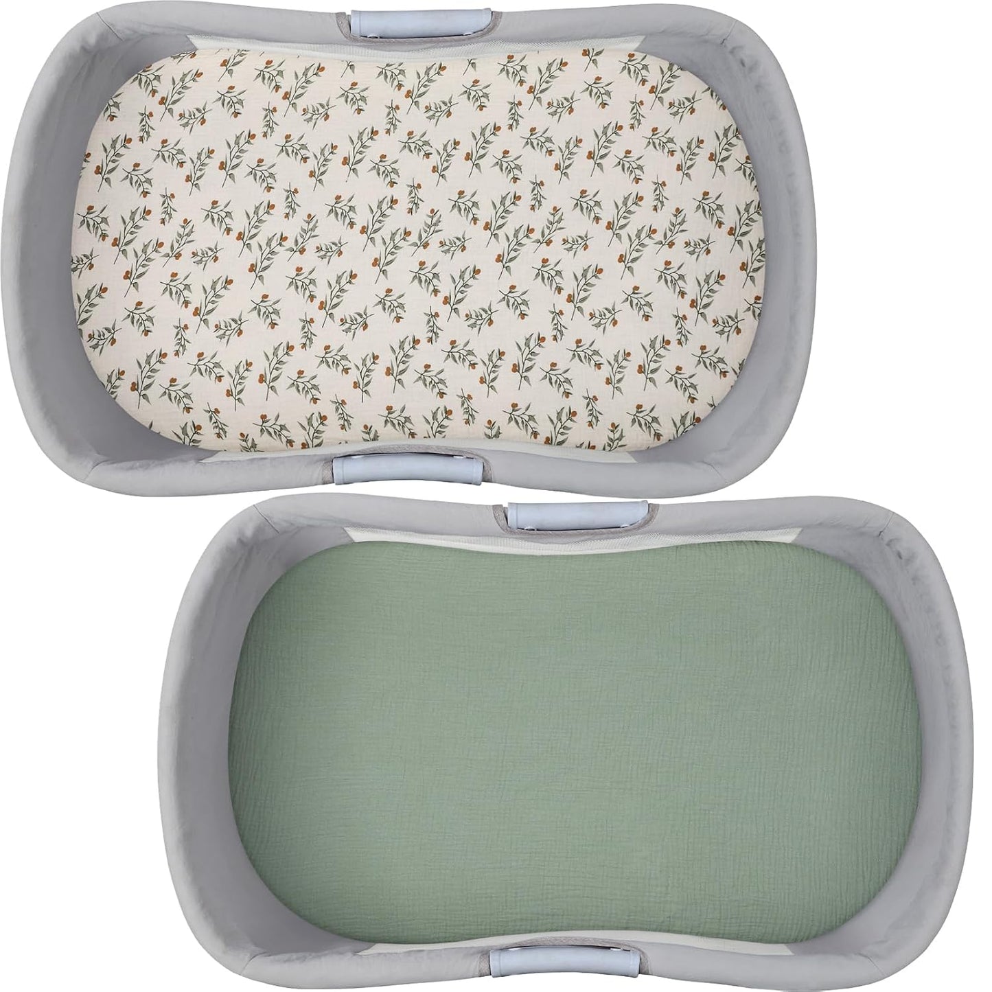 Muslin Bassinet Sheet Compatible with Mika Micky Bedside Sleeper 2 Pack Cotton Stylish Boho Fitted Bassinet Sheets Super Soft for Baby Roman Green & Botanical Leaf