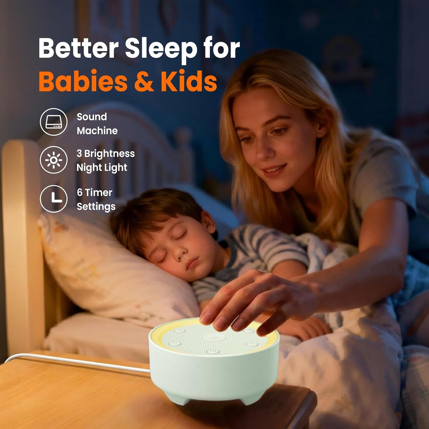 Kipcush White Noise Machine - 21 Soothing Non-Looping Sounds, Dimmable Night Light, & Blind-Touch Buttons | USB-Powered Portable Sleep Therapy for Babies, Adults, Office & Travel - White