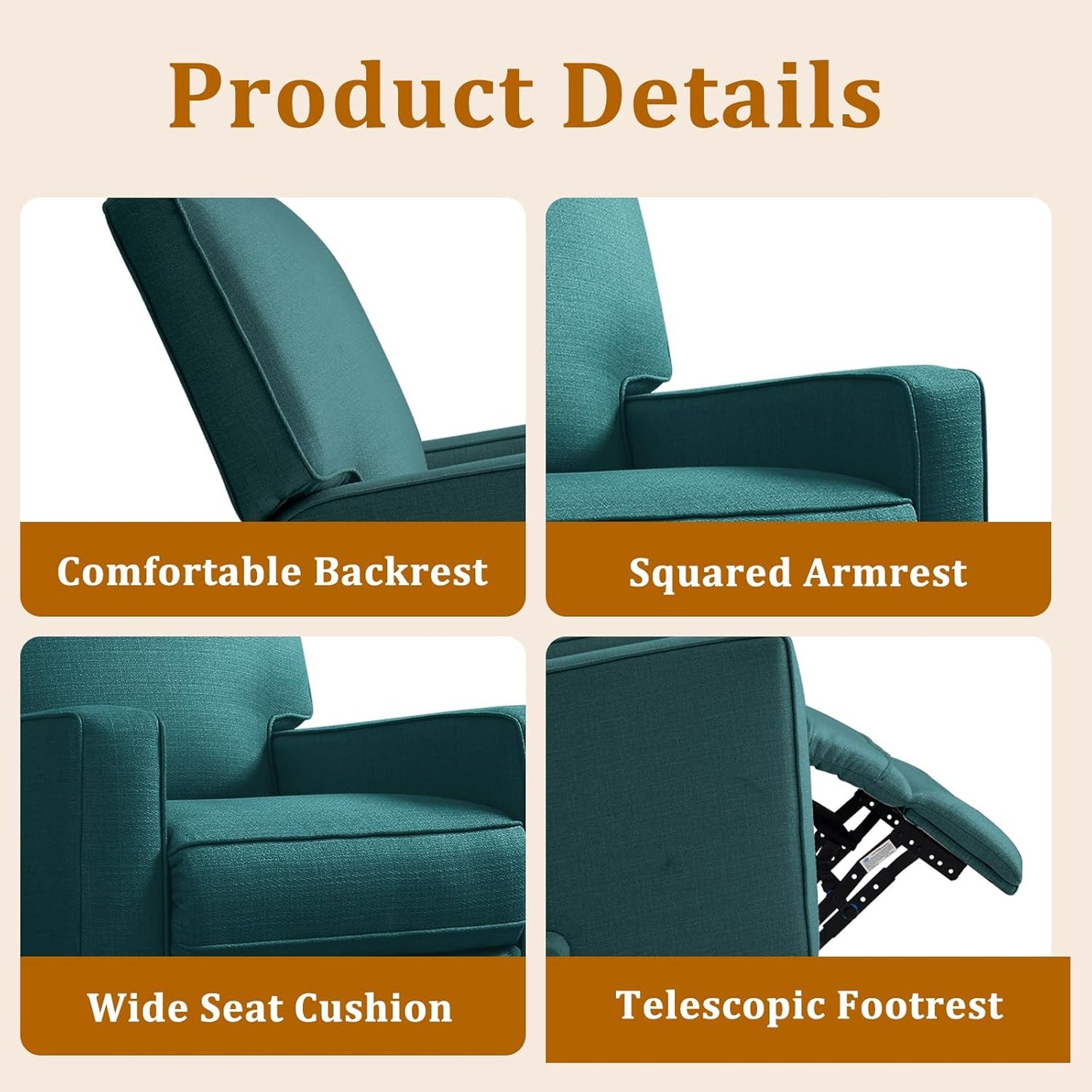 Swivel Rocker Recliner Chair for Adults, High Back Fabric Recliner with Deep Seat, Manual Glider for Living Room & Nursery, Grey