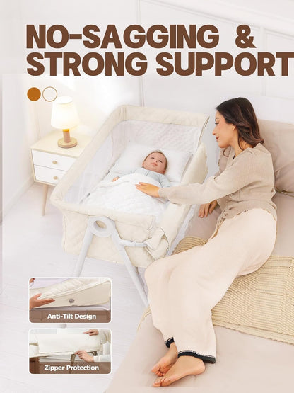 Baby Bassinet Bedside Sleeper - Upgrade Safety Bassinets with Crib Sheet, Easy to Move, 4 Adjustable Height Bedside Bassinet for Infant Newborn, Cream | More Safer, Easy Move, Storage Bag, Waterproof Sheet, Storage Bag, Easy to Install