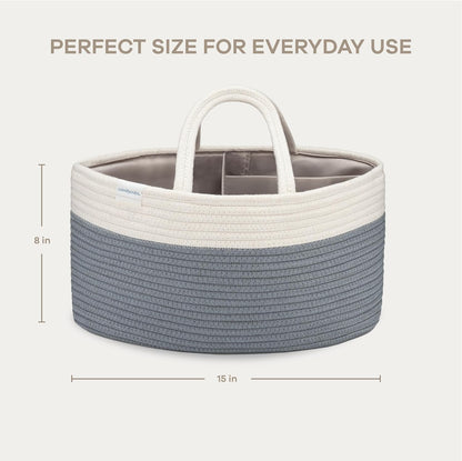 Comfy Cubs Rope Diaper Caddy Organizer 8.5" x 15" x 8" - Large Baby Diaper Basket with 3 Spacious Compartments - Stylish Cotton Baby Caddy Organizer for Diapers, Wipes & Essentials - Pacific Blue