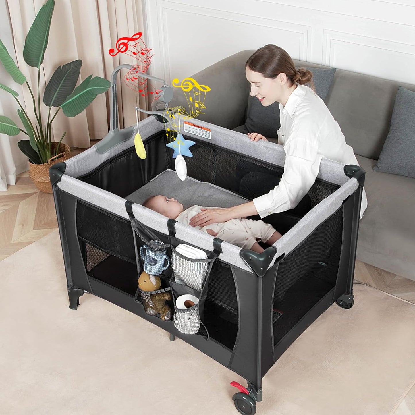Pack and Play with Changing Table & Carry Bag, 4-in-1 Portable Crib Playpen for Newborn to Toddler, ASTM Certified Foldable Travel Crib with Bassinet(A-Black)