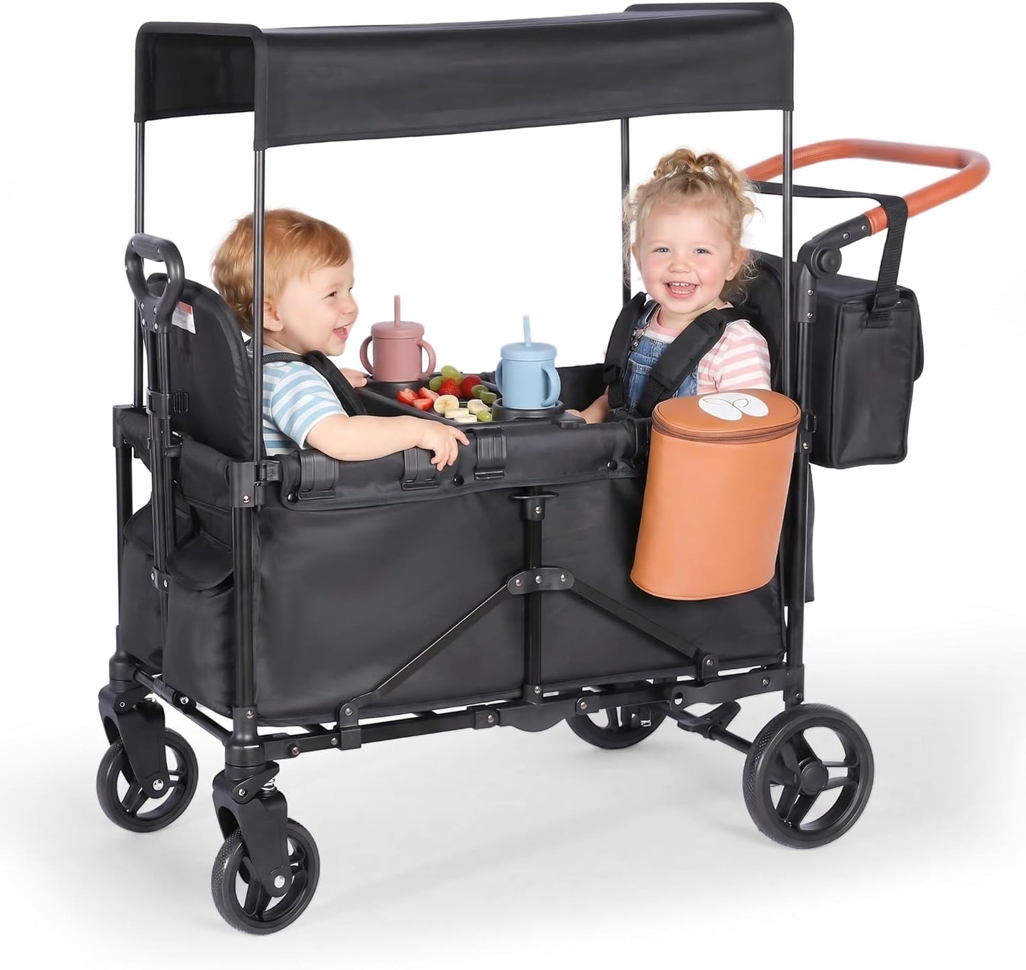 2-in-1 Wagon Stroller for Two Kids – Foldable Push & Pull All‑Terrain Wagon with Canopy, 5‑Point Harnesses, 2-in-1 Storage Bag (Converts to Shoulder Bag), Lightweight, Compact – Black