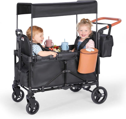 2-in-1 Wagon Stroller for Two Kids – Foldable Push & Pull All‑Terrain Wagon with Canopy, 5‑Point Harnesses, 2-in-1 Storage Bag (Converts to Shoulder Bag), Lightweight, Compact – Black