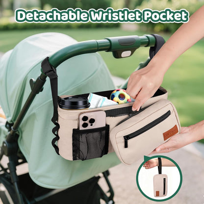 Guiseapue Universal Stroller Organizer with Cup Holder: Stroller Caddy Accessories with Detachable Phone Bag Fit for Uppababy, Non-Slip Straps, Walker Accessories, First Mothers Day Gifts for New Mom