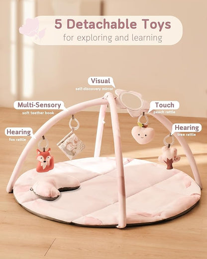 Fortella Baby Play Gym & Activity Mat, Machine Washable & Foldable Tummy Time Mat with 5 Detachable Toys, Certified Safe Newborn Essentials Gift for Baby Registry 0-12 Months (Rose Pink)