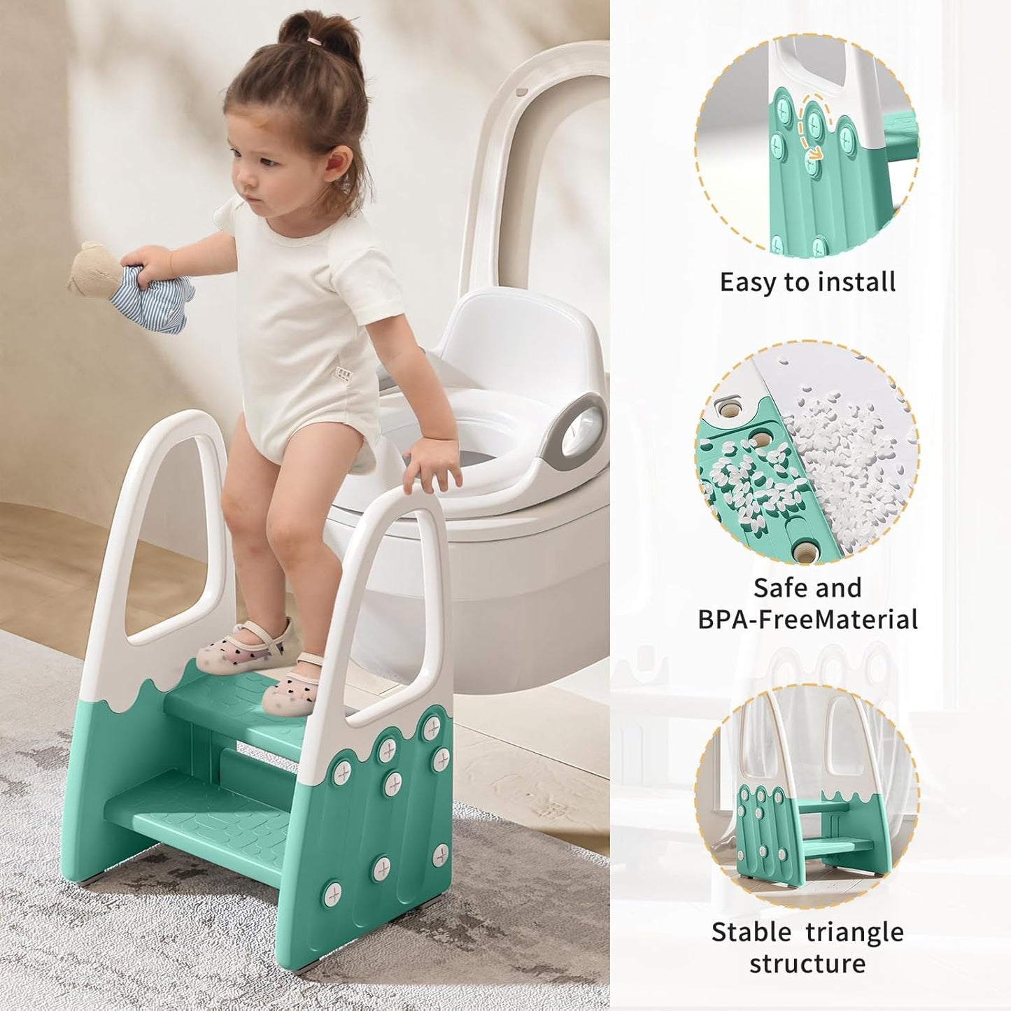 Two Step Stool with Handrails for Toddler and Kids, Standing Learning Stool Tower for Bathroom Sink, Potty Training, Children Step Up Learning Helper with Handles and Safety Non-Slip Pads(Gray)