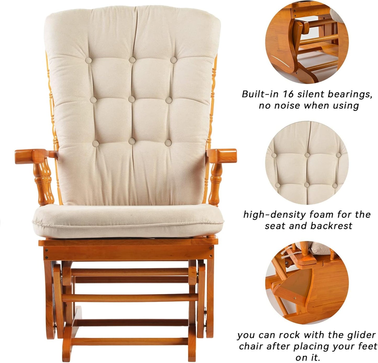 Rustic Glider Chair for Nursery with Ottoman, Resistant Rubber Wood Nursery Glider and Ottoman Sets for Relaxing, Rocking Chair for Living Room Bedroom