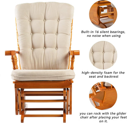 Rustic Glider Chair for Nursery with Ottoman, Resistant Rubber Wood Nursery Glider and Ottoman Sets for Relaxing, Rocking Chair for Living Room Bedroom