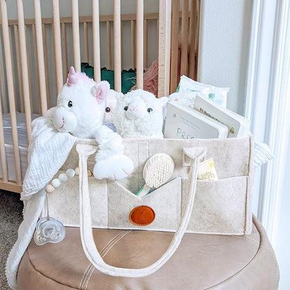 Maliton Baby Diaper Caddy, Car Organizer with Handle, Felt Diaper Caddy for Baby Boy Girl, Changing Table Organizer for Baby Stuff, 16" x 10" x 7" Baby Organizer for Nursery (White)