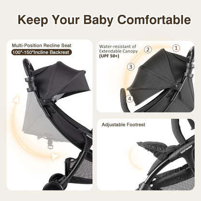 Beberoad Lightweight Baby Stroller for Airplane R2 Small Travel Stroller Compact Strollers Foldable, Infant Toddler Stroller with Adjustable Backrest, Cup Holder and Waterproof Canopy, Black
