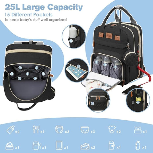 JSTPRO Diaper Bag Backpack, Large Diaper Bag with Changing Pad, Baby Bag, New Mom Gifts, Lightweight Waterproof Unisex Diaper Bag with Insulated Pockets and USB Charging Port, Black