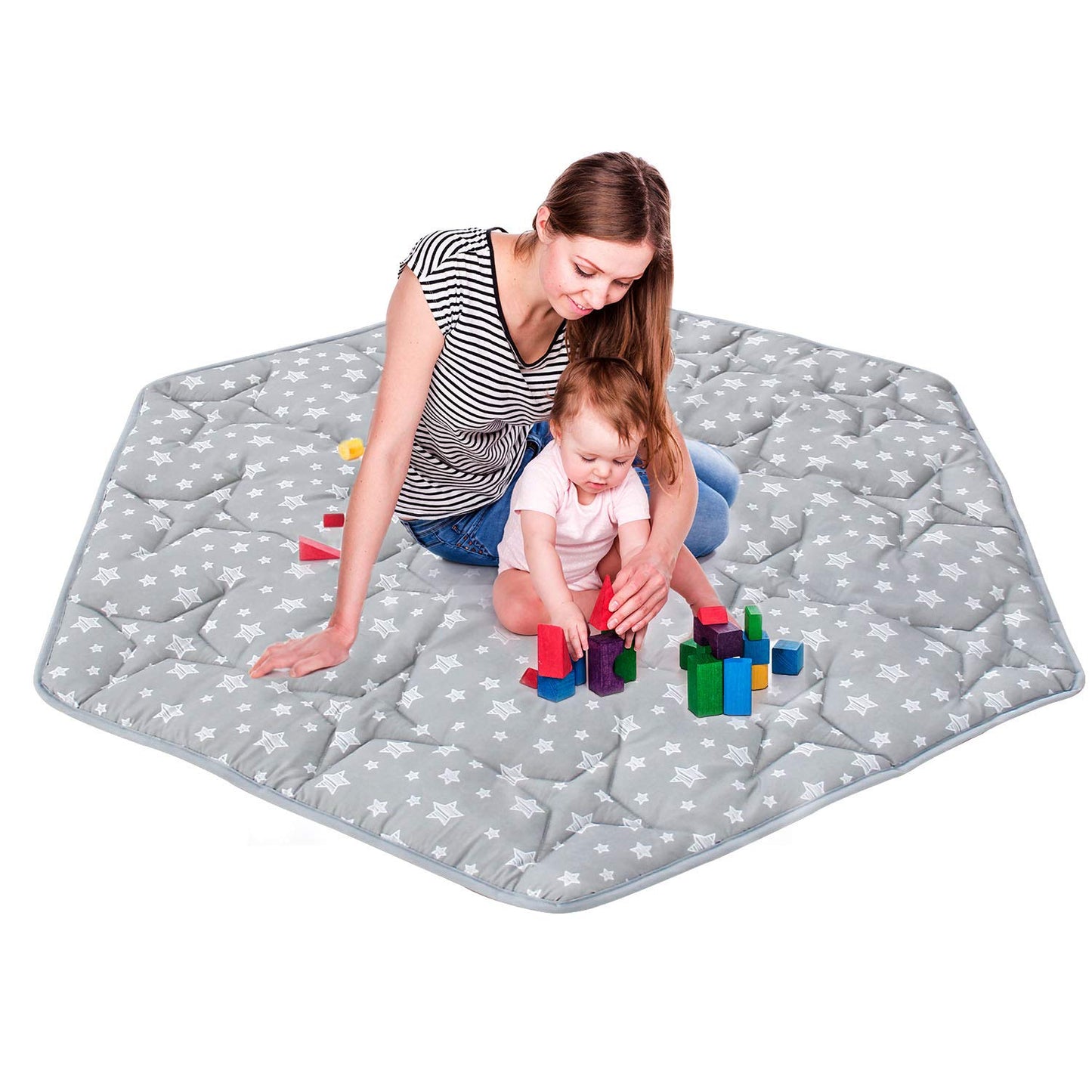 Octagon Playpen Mat Grey, Non Slip 8 Panel Playpen Mattress Mat Fits Regalo Extra Large Play Yard and hiccapop XL 69" Baby Playpen, Grey Star Octagon Playard Pad
