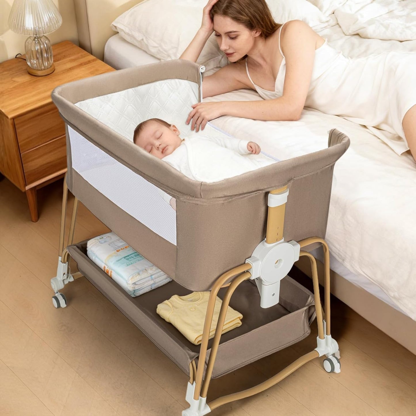 suihuooo 4-in-1 Baby Bassinet, Portable Bassinet Bedside Sleeper with Wheels and Storage Basket, 7 Height Adjustable Breathable Mesh Rocking Bassinet with Mosquito Net for Newborn-White