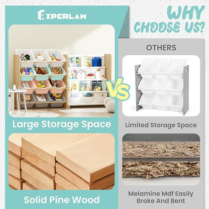 EXPERLAM Kids Toy Storage Organizer with Bookshelf - 12 Multi-Color Bins and 4 Book Shelves, Organizers and Storage for Playroom, Nursery, Room, Burlywood