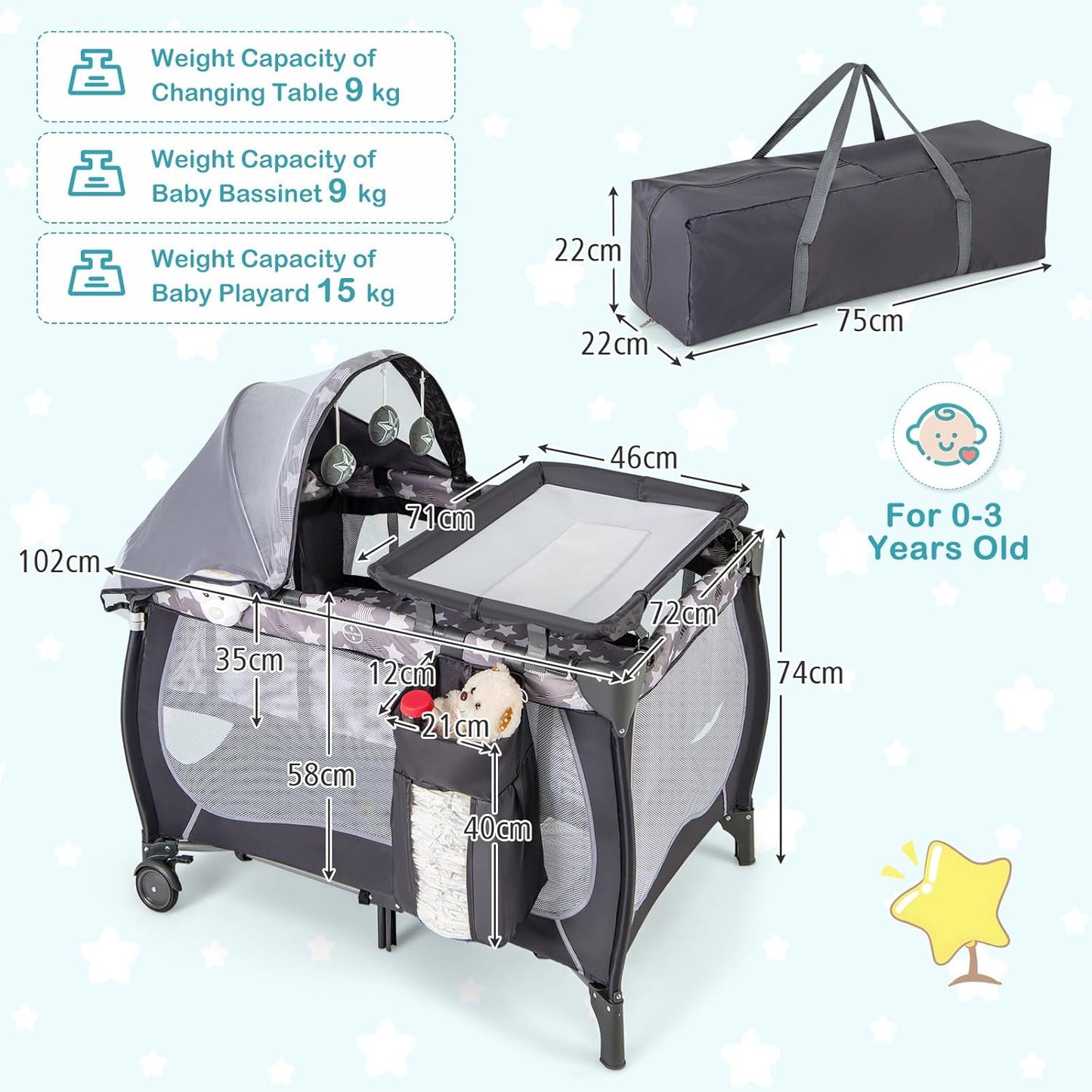 HONEY JOY Pack and Play with Bassinet, 4-in-1 Portable Baby Playard with Changing Table, Net & Cute Toys, Diaper Storage Bag, Music Box, Wheels with Brake, Foldable Newborn Play Yard w/Carry Bag