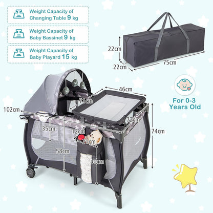 HONEY JOY Pack and Play with Bassinet, 4-in-1 Portable Baby Playard with Changing Table, Net & Cute Toys, Diaper Storage Bag, Music Box, Wheels with Brake, Foldable Newborn Play Yard w/Carry Bag