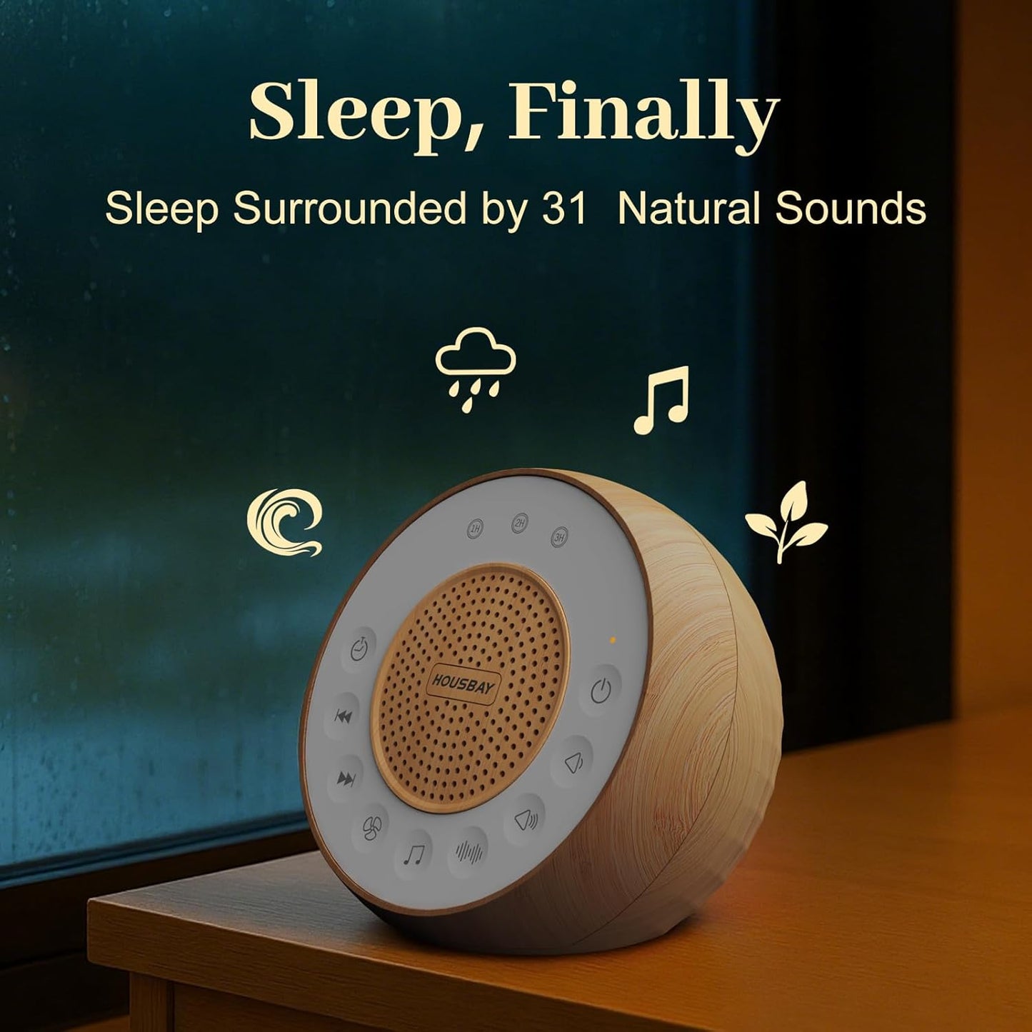 Housbay White Noise Machine with 31 Soothing Sounds, 5W Loud Stereo Sound, Auto-Off Timer, Adjustable Volume, Sleep Sound Machine for Baby, Kid, Adult -Wood Grain