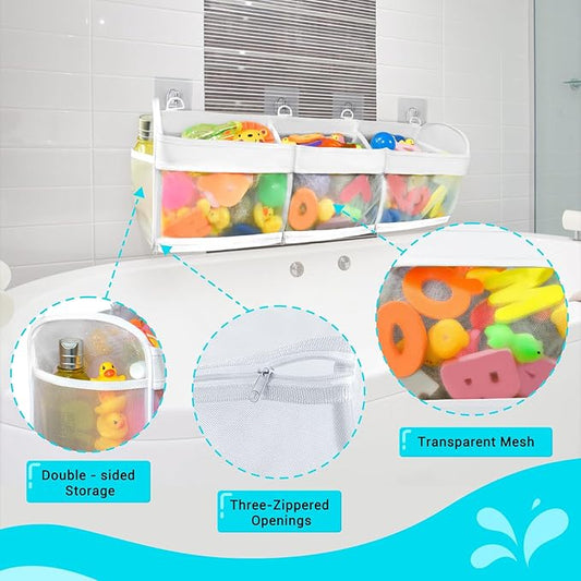 Bath Toy Storage and Organizer – 3-Compartment Hanging Bathtub Toy Holder with Bottom Zipper, Quick-Drying Mesh Bag, Ideal Bath Toy Holder for Easy Access and Sorting of Toys
