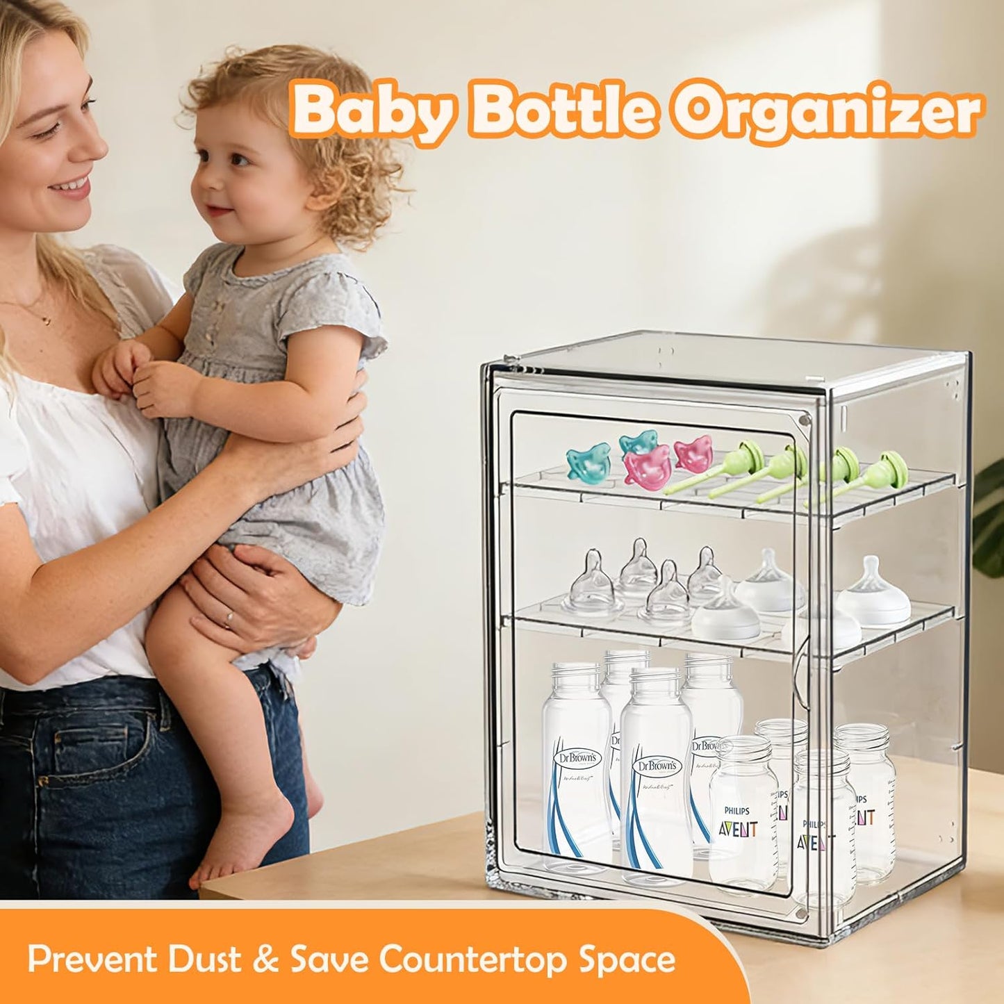 Baby Bottle Organizer,Adjustable Height Bottle Storage Organizer Baby for Bottles, Pacifiers, Pump Parts, Clear Organizer for Countertop, Cabinet,Vanity, Bathroom